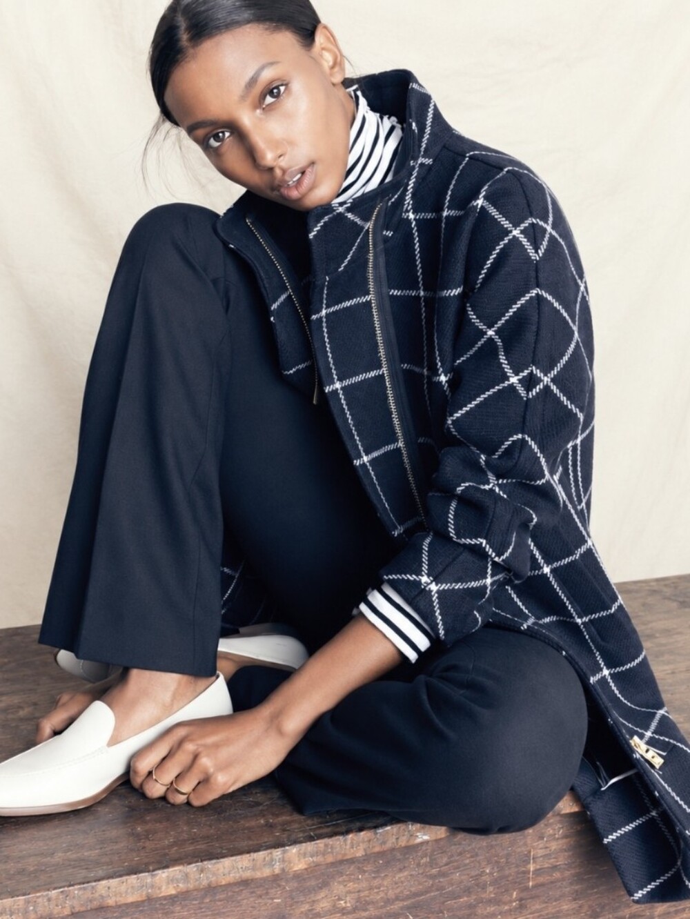 J. Crew City Coat Wool Blend Navy Windowpane Funnel Neck Zip Up Jacket Sz 10